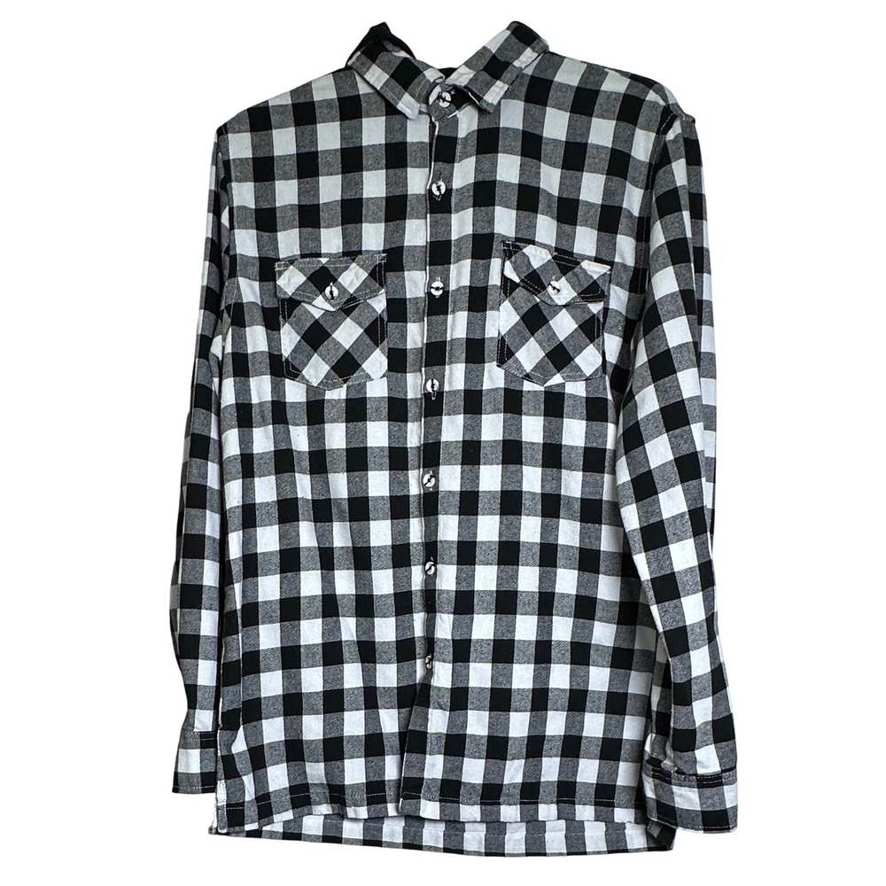 MONUMENT Mens Flannel Shirt Black/White‎ Buffalo Plaid Hooded Lg Cozy Streetwear